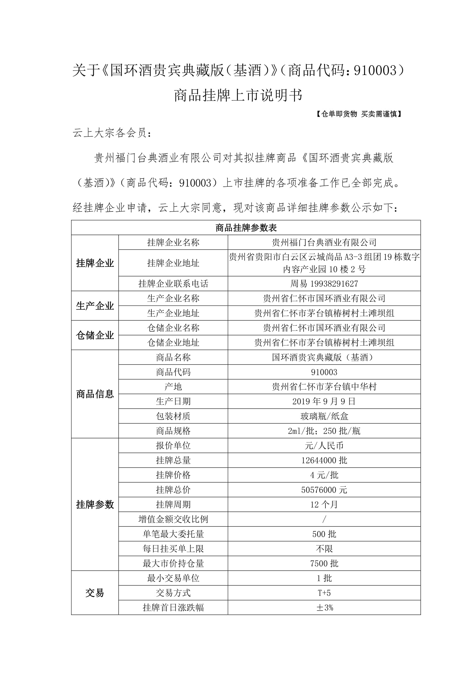 关于《国环酒贵宾典藏版（基酒）》（商品代码：910003）商品挂牌上市说明书